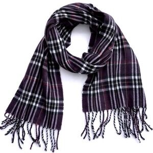 Geoffrey Beene Cashme Womens Plaid Scarf Made in Italy Purple White Black Fringe